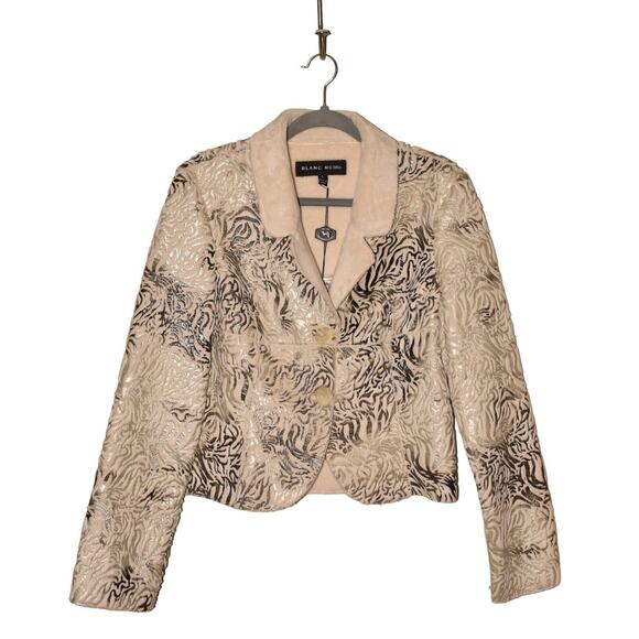 BLANC NOIR $299 Textured Jacquard Faux Fur Trim Cropped Jacket‎ Large - Picture 1 of 5